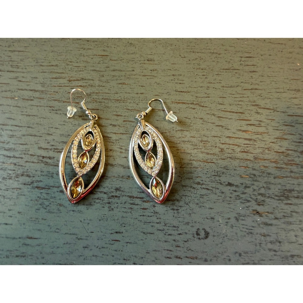 Silver Tone Marquise Drop Earrings Amber Stone Pave Accent Dangle Earrings